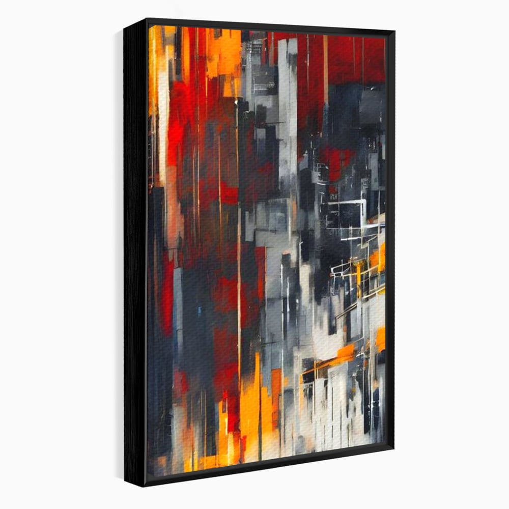 Tablou canvas cu pictura abstracta verticala cu linii urbane, in rama de aluminiu negru
